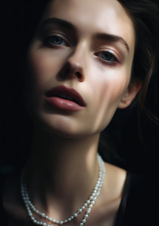 extreme closeup striking eyes pouty lips face woman wearing pearl necklace portrait cheekbones lux diffused natural skin glow androgenic deep emotions pale, generative aiの素材