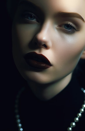 extreme closeup striking eyes pouty lips face woman necklace moody color palate perfect favorite porcelain pat vampire female queen burnt umber, generative aiの素材