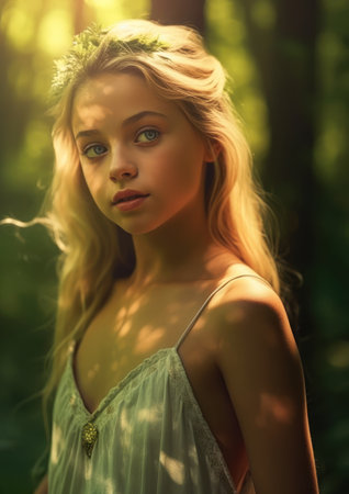 eyes natural smile closeup young girl long blonde hair forest lighting big portrait princess exaggerated, generative aiの素材