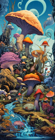 illustration mushrooms sitting top green field botanical poster looking down forest floor cylinder conglomerate silk screen best rug, generative aiの素材