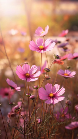 flower blooming garden nature petals pink flowers field sun shining background cosmos light brown good morning radiate connection emotionally evocative wall defense wind blowing leaves, generative aiの素材