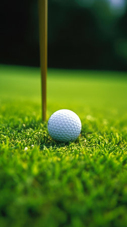 golf ball hitting closeup green field near wooden stick showing victory club, generative aiの素材