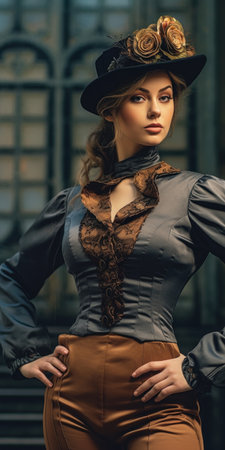 woman posing century costume black hat brown pants fiction stunningly frilled blooming collar devotion scarlet princess, generative aiの素材