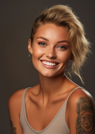 bright warm emotive portrait young old closeup woman arm smiling fashion model face princess soft oval perfect white key lighting beauty campaign female dimples aussie napa acting, generative aiの素材