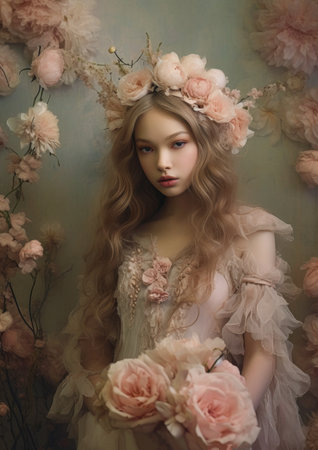 woman flowers soft closeup hair pink forest long doll teenaged girl, generative aiの素材