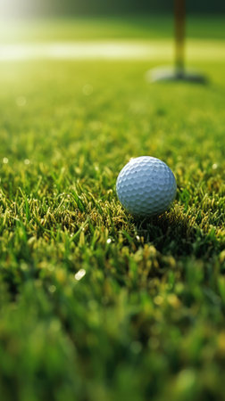 golf ball hitting closeup ground near hole banner green grass center focused sports goes ratio icon contest soft blur background, generative aiの素材