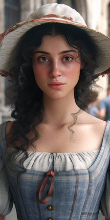 italian girl engin woman blue dress hat large looks mix doll long curly hair incredibly face, generative aiの素材