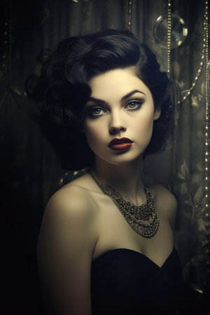 beauty gorgeous brunette closeup woman wearing necklace dress intimate moody pinup perfect facial symmetry black hair pale makeup rapture vintage girl round face, generative aiの素材