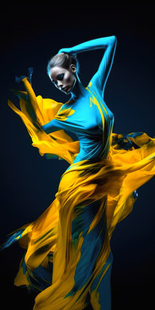 mesmerizing harmony bold pop woman blue yellow dress dancing trend stunning flowing energy silks arts black warrior vivid color captures emotion movement orange, generative aiの素材