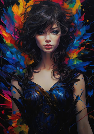 female painted woman feathers head street similar bifrost girl brown hair portrait princess vibrant love angel plastic armor, generative aiの素材