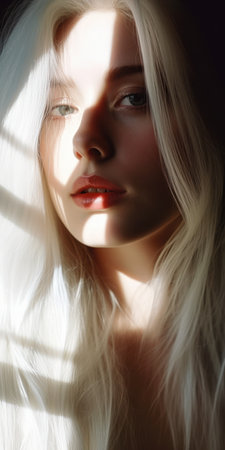 woman long white hair princess closeup red lip dreamy lighting pale grey skin bright sunlight extremely beauty, generative aiの素材