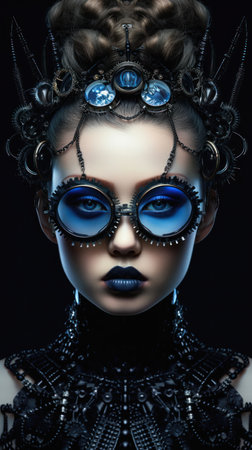 fashion woman glasses titanium eyelashes blue eyes black dress headpiece digital lenses cogs gears girl face mind pure machinery chrome facial terminals portrait glass hauntingly, generative aiの素材