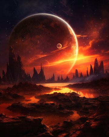 forest glowing view planet red sky lake digital metal album cover wonderful party glittering stars scattered about desolate orange rocks twinkling distant moons background wastelands, generative aiの素材