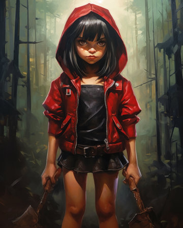 little red riding hood black leather jacket girl hoodie holding knife forest young female protagonist mixed big bad wolf standing heroic figure punk, generative aiの素材