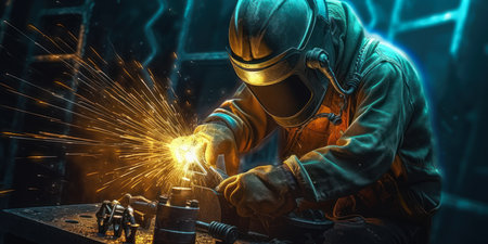 professional welder worked man welding mask metal sparks adventure background lens flare real mans body soviet artists connections forged shipyard, generative aiの素材