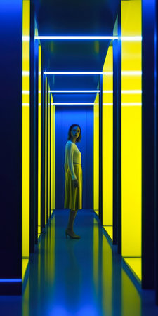 mesmerizing harmony bold pop woman standing hallway yellow blue lights still movie machina luxury campaign environmental land building elevator moon portrait symmetry features, generative aiの素材