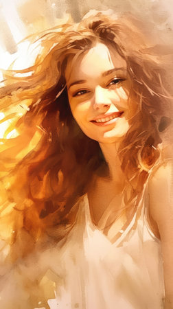 smile captivating portrait woman long hair white top sunbeams illustration smiling face wash inks half body cropping girl sun warm color tone front reference, generative aiの素材