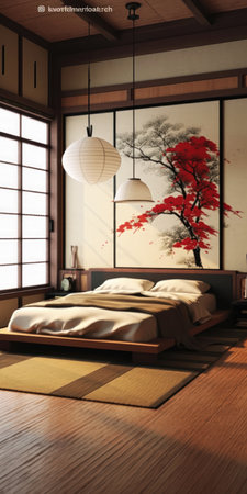 kanji bedroom closeup bed room wall japanese poster simple composition princess blank spaces lacquered wooden floor chinese ink gable roofs big canvas yukata clothing, generative aiの素材