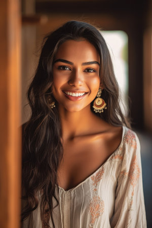 alluring smile young woman long hair earrings smiling room indian super model shoot middle eastern olive brown skin desert large bushy eyebrows age friendly crown method tans, generative aiの素材