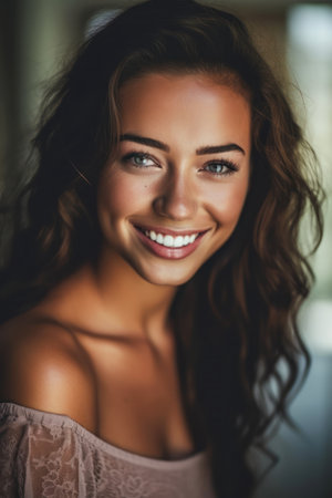 alluring smile young woman long hair smiling wearing pink top girl portrait city round narrow chin tan sahara white teeth borders brown mid clear bronze face middle eastern, generative aiの素材