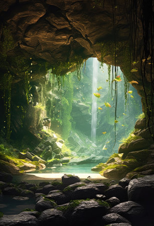 empty cave sun shining view waterfall stream gorgeous jungle dreamy enchanted dreams avatar planet overgrown underwater scene streams, generative aiの素材