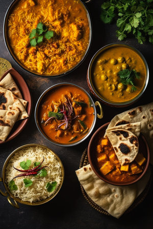 assorted indian curry rice dishes closeup table bowls food pita bread god interconnected human advertising strong walls flag csp delicious features exquisitely mogul, generative aiの素材