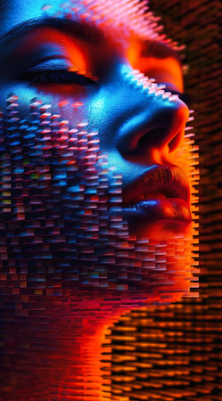 matrix end line closeup face woman blue red background transparent fractal faces interconnections lighting synthetic skin third person pattern texture rectangular, generative aiの素材