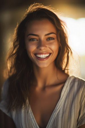 alluring smile young woman smiling white shirt light bronze brown hair unique beauty symmetric face weathered olive skin girl love princess, generative aiの素材