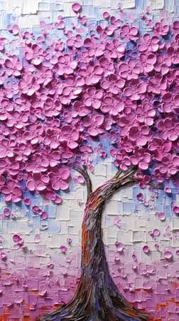 stunning blossoming tree mix acrylic molding pink flowers torn paper texture floating pieces violet color princess broken pallet blue wall magenta gray out plastic, generative aiの素材