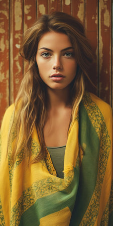captivating model effortlessly woman long hair wearing yellow green scarf perfect face top linen blond brown two buns city uniquely young, generative aiの素材