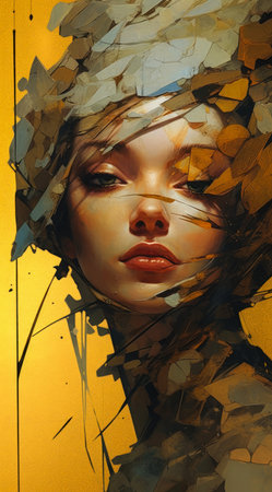 crack dawn closeup face portrait mini woman broken head yellow background delicate detailing golden stroke polygonal torn edges flawless random, generative aiの素材