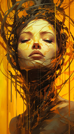crack dawn closeup face portrait mini woman crown head yellow orange swirling fluid renaissance range richly defined dripping honey liquids, generative aiの素材