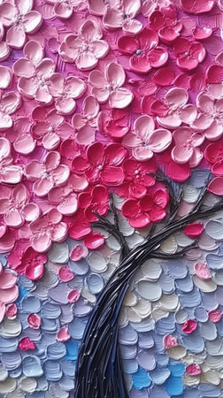 stunning blossoming tree mix acrylic molding closeup pink flowers layered paper lollypops monochromatic princess petals color palette painted marble sculptures soft pads, generative aiの素材