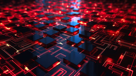 technology circuit board background red light bluish closeup black computer quantum focus gaussian blur concentrated buildings reflections interconnections illustration, generative aiの素材