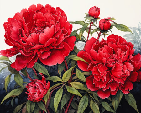 red peonies ink cover flowers green leaves peony shaded used bright blossoming rhythm listing long cloths silk scarlet, generative aiの素材