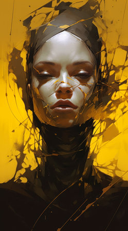 crack dawn closeup face portrait mini woman head covering broken glass yellow black expressive faces fractured, generative aiの素材