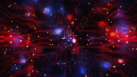 technology circuit board background red light bluish closeup computer blue lights still endgame interconnections black interface patterns laboratory connected encrypted, generative aiの素材