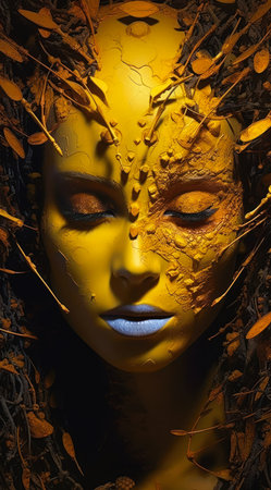 sew seeds dazzling closeup face portrait woman yellow leaves head body paint bug life inside human liquid shadows engulf fine contours faces sulfur pollen, generative aiの素材