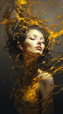 crack dawn closeup face portrait mini woman hair blowing wind liquid golden black fluid yellow theme swirly abstract radiate connection ash, generative aiの素材