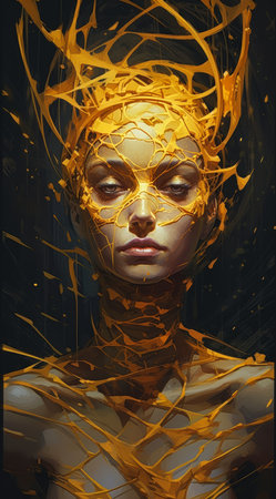 crack dawn closeup face portrait mini woman golden headpiece molten shattering walls yellow theme edges fractals dissolving resin, generative aiの素材