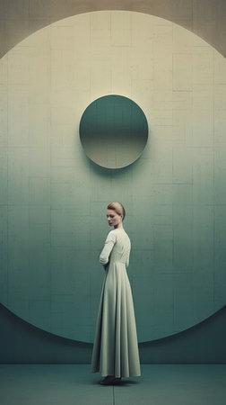 portrait solarium stage seeing dancing woman long dress standing front circular wall princess dystopian palette mostly white left right symmetry redhead colors round cropped, generative aiの素材
