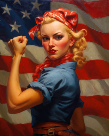 oil blonde woman red bandana blue shirt patriotism pin girl strong aggressive color white black feminism atomic age ability, generative aiの素材
