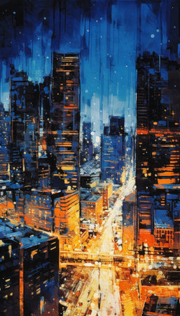 city skyline night street light buildings orange fire blue ice duality dreamy illustration tall skyscrapers black day time illinois syndicate, generative aiの素材