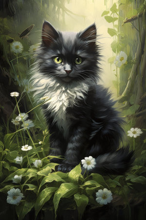 adorable black kitty cat kitten garden white flowers piercing gaze green portrait celtic vegetation quadruped avatar beauty mana guardian magpie, generative aiの素材