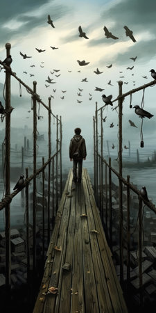 long road home human bridge stops man walking wooden birds flying overhead wires tragedy connecting life wanderer above sea fog fear illustration pensive lonely, generative aiの素材