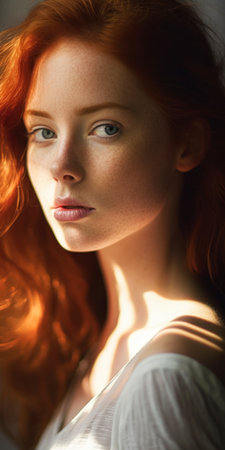 closeup red haired bombshell woman white hair shirt unusually unique beauty pale skin curly blond long freckles nose child light hot fire goddess, generative aiの素材