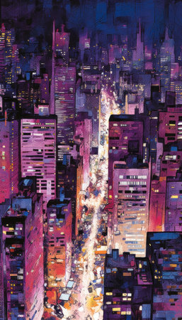 city skyline night lot lights daytime second colors purple sky scrapers cover times cartoon new wick movie optimistic book vibrant scattered light broadway, generative aiの素材