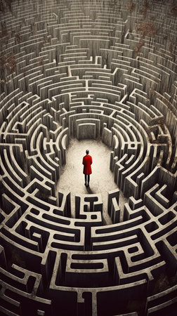 man reaches end maze martin ansi standing descriptive real life dynamic design red ink entering mind walkable wonderland purgatory compass, generative aiの素材