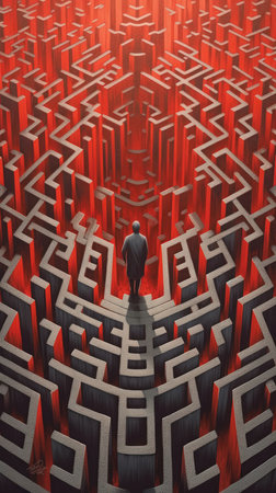 man reaches end maze martin ansi standing red background path based confusing perspective parallelism displacement recognizable illusions adult unconnected harrowing men, generative aiの素材