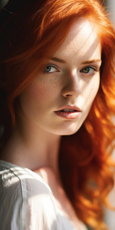 portrait closeup red haired bombshell woman white hair shirt freckles fire facial retouch luminous defense single face young female still captivating, generative aiの素材